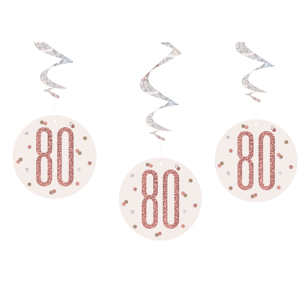 Rose Gold Glitz 80th Birthday Hanging Decorations 6pck