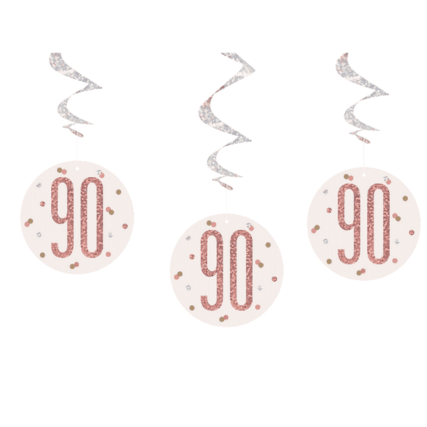 Rose Gold Glitz 90th Birthday Hanging Decorations 6pck