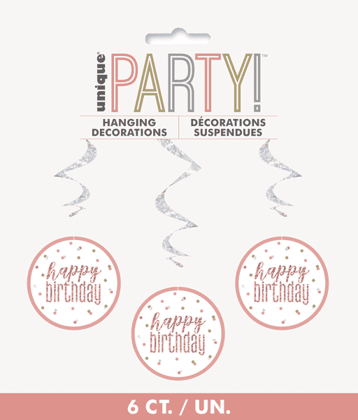 Rose Gold Glitz Happy Birthday Hanging Decorations 6pck