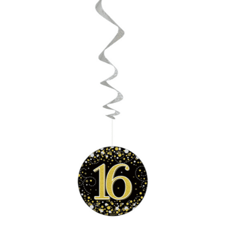 Sparkling Fizz Black & Gold 16th Birthday Hanging Decorations 6pck
