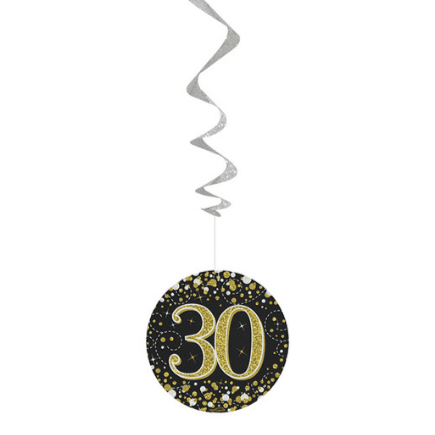 Sparkling Fizz Black & Gold 30th Birthday Hanging Decorations 6pck