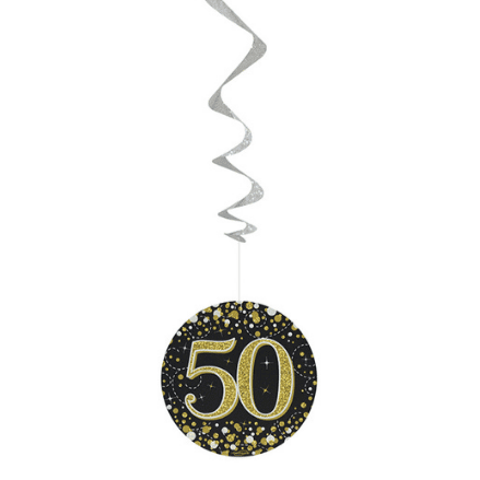 Sparkling Fizz Black & Gold 50th Birthday Hanging Decorations 6pck