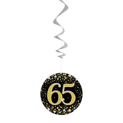 Sparkling Fizz Black & Gold 65th Birthday Hanging Decorations 6pck