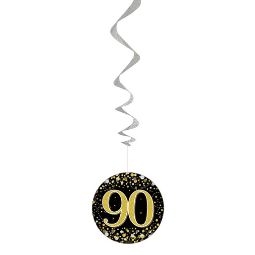 Sparkling Fizz Black & Gold 90th Birthday Hanging Decorations 6pck