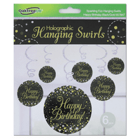 Sparkling Fizz Black & Gold Happy Birthday Hanging Decorations 6pck