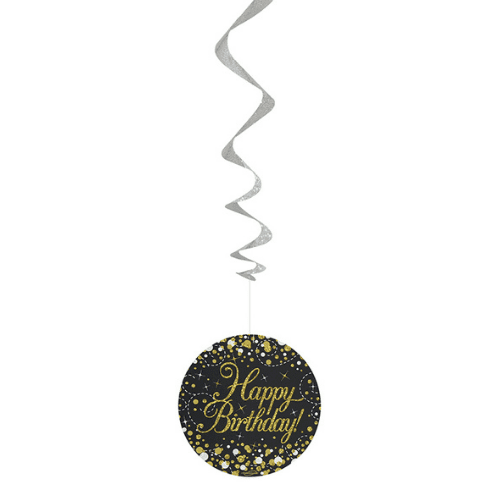 Sparkling Fizz Black & Gold Happy Birthday Hanging Decorations 6pck