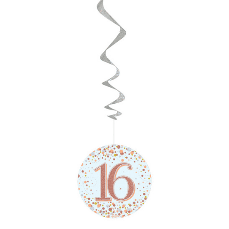 Sparkling Fizz Rose Gold 16th Birthday Hanging Decorations 6pck