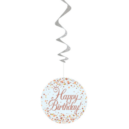 Sparkling Fizz Rose Gold Happy Birthday Hanging Swirl Decorations 6pck
