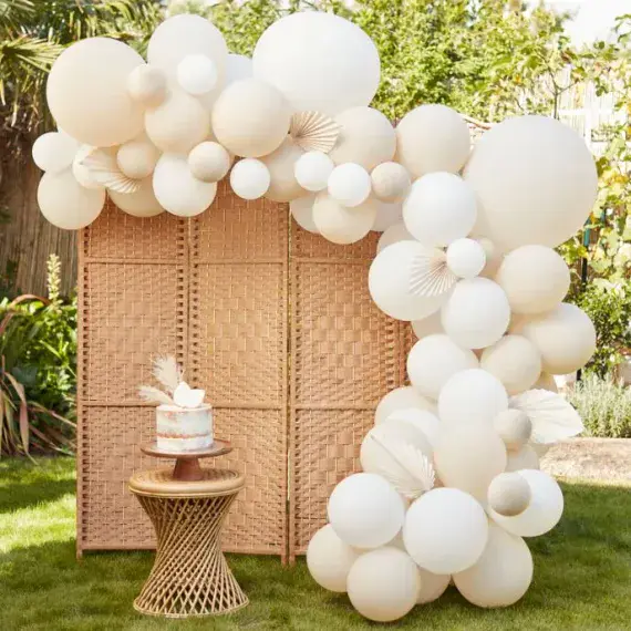 Nude & White Balloon Arch with Paper Fans SOLD OUT