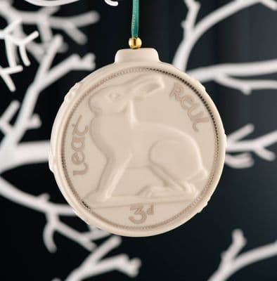 Belleek Old Irish Coin Hare And Harp Christmas Ornament