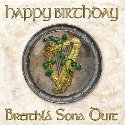 Celtic Birthday Card Harp and Shamrocks Gaeilge