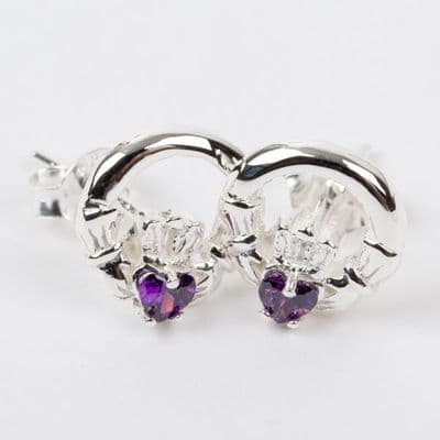 Claddagh Earrings Sterling Silver Amethyst CZ Stone