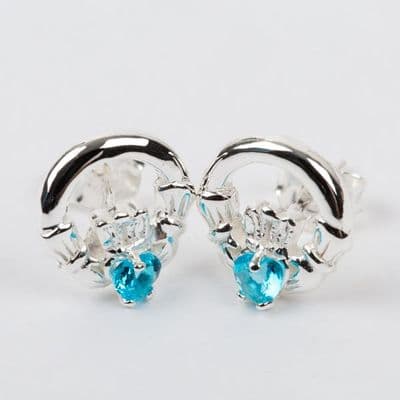 Claddagh Earrings Sterling Silver Aquamarine CZ Stone