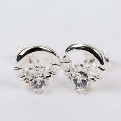 Claddagh Earrings Sterling Silver Clear CZ Stone
