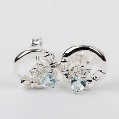 Claddagh Earrings Sterling Silver CZ Blue Topaz Stone