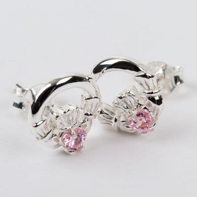 Claddagh Earrings Sterling Silver CZ Pink Tourmaline Stone