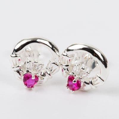 Claddagh Earrings Sterling Silver CZ Ruby Stone