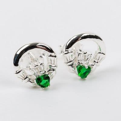 Claddagh Earrings Sterling Silver Green CZ Stone