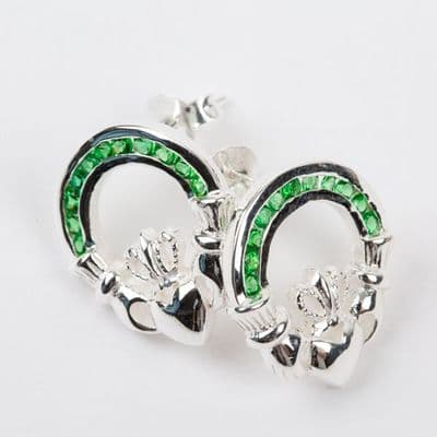Claddagh Stud Earrings Emerald Green Stones Sterling Silver