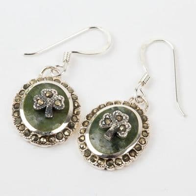 Connemara Marble Marcasite Earrings With Shamrock Sterling Silver