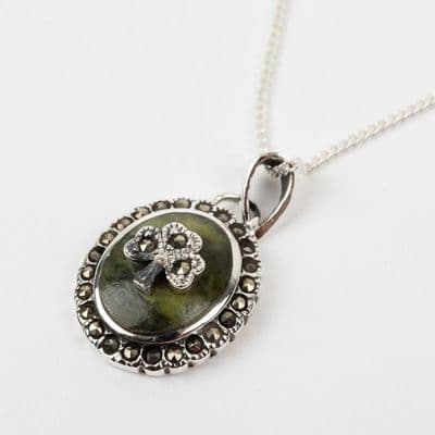 Connemara Marble Marcasite Pendant With Shamrock Sterling Silver