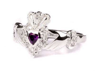 Ladies Sterling Silver Claddagh Ring February Birthstone