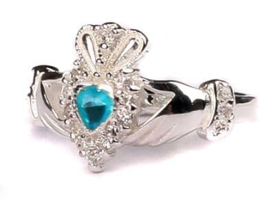 Ladies Sterling Silver Claddagh Ring March Birthstone
