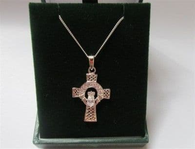 Sterling Silver Celtic Cross Claddagh Pendant with Clear CZ Stones