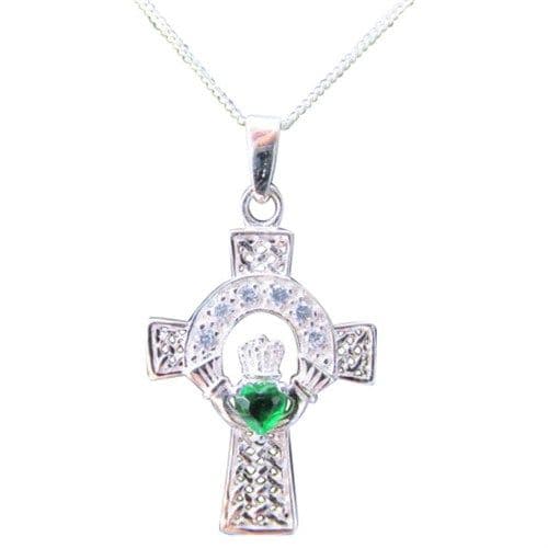 Sterling Silver Celtic Cross Claddagh Pendant with Emerald Green CZ Stones