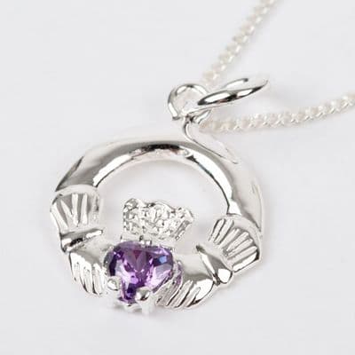 Sterling Silver Claddagh Birthstone Pendant with Amethyst CZ