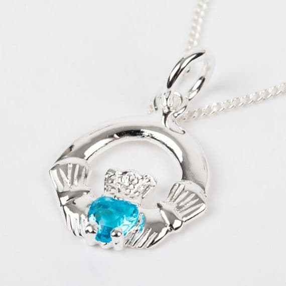 Sterling Silver Claddagh Birthstone Pendant with Aquamarine CZ
