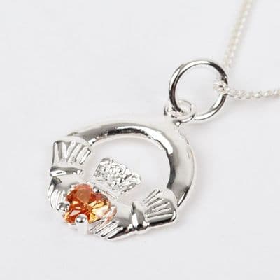 Sterling Silver Claddagh Birthstone Pendant with Citrine CZ