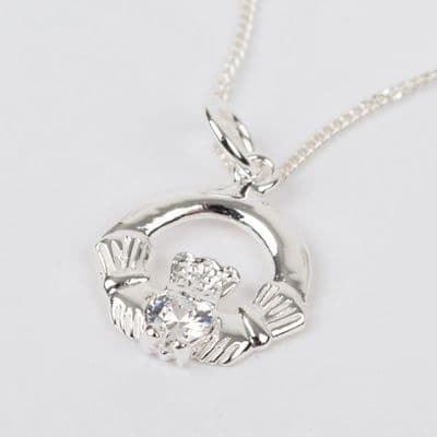 Sterling Silver Claddagh Birthstone Pendant with Clear CZ