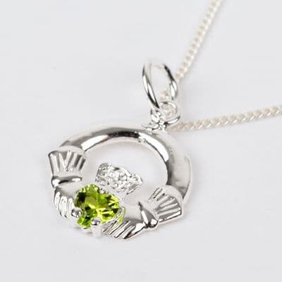 Sterling Silver Claddagh Birthstone Pendant with Peridot CZ