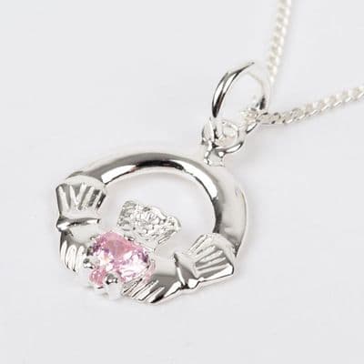 Sterling Silver Claddagh Birthstone Pendant with Pink Tourmaline CZ