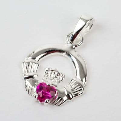 Sterling Silver Claddagh Birthstone Pendant with Ruby CZ