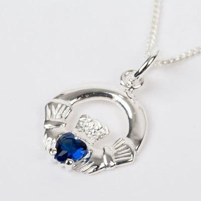Sterling Silver Claddagh Birthstone Pendant with Sapphire CZ