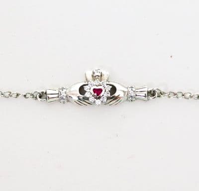 Sterling Silver Claddagh Bracelet With Ruby CZ