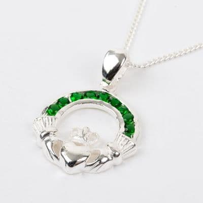 Sterling Silver Claddagh Pendant with Emerald Green CZ Stones