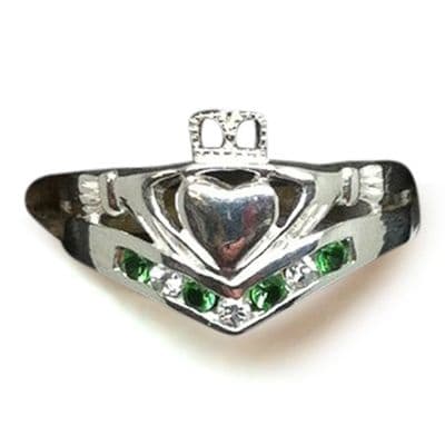 Sterling silver Wishbone Irish Claddagh Ring with Green & White Stones.