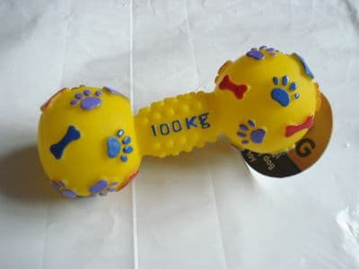 Squeaky Yellow Dumbell with Bones + Paws