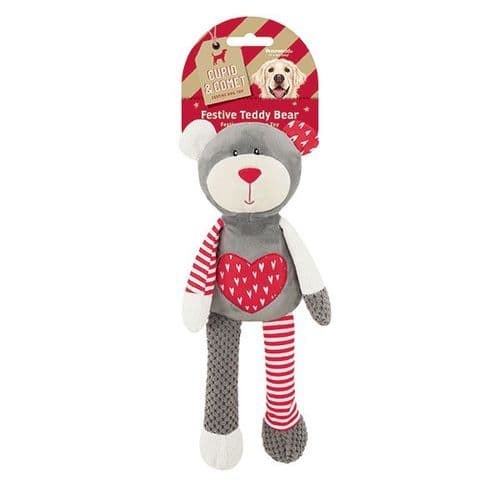 Cupid Comet Rosewood Festive Bear, Cute Teddy Bear Dog Toy, Red and Grey Xmas