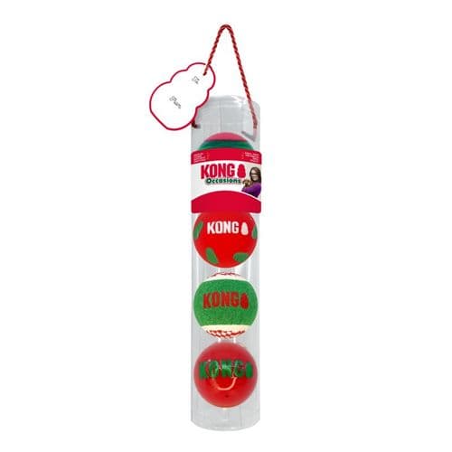 KONG Christmas '23 Holiday Occasions Balls 4-Pack Gift Dog Balls Variety Squeaky MED
