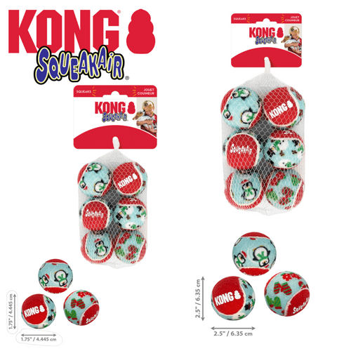 KONG Christmas '23 Holiday SqueakAir Tennis Balls 6 pack Md or Sm Squeaky Non Abrasive