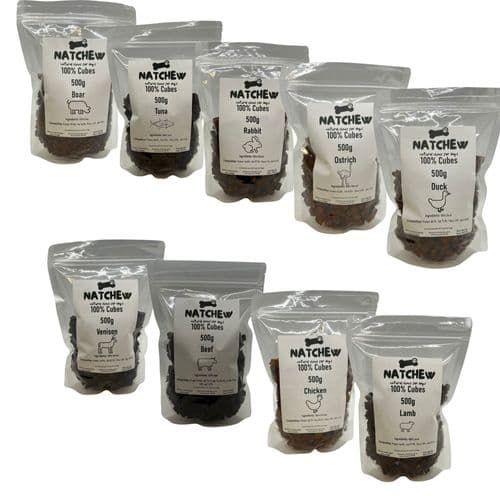 Natchew Pure 100% Training Cubes - Rabbit Chicken Beef Duck Boar Venison Lamb Tuna Ostrich - 500g
