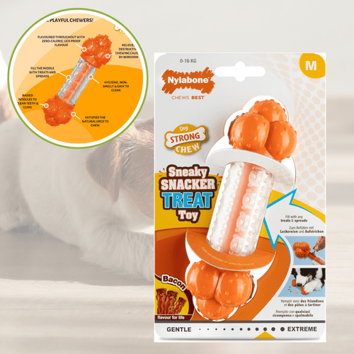 Nylabone Sneaky Snacker Textured Dog Treat Dispensing Enrichment Toy Bacon MED