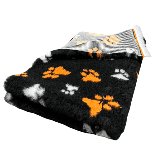 Pawstrading™ BLACK Duo ORANGE & WHITE PAW Anti-Slip Backed Veterinary Fleece Bedding Vet Bed Mat