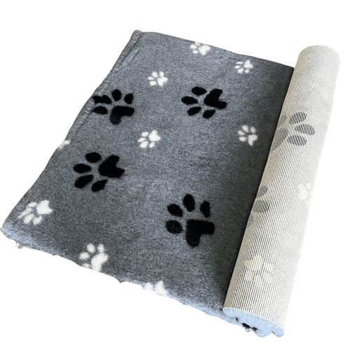 Pawstrading™ GREY DUO Anti-Slip Backed Veterinary Fleece Bedding Dog Bed / Mat (white/black Paws)