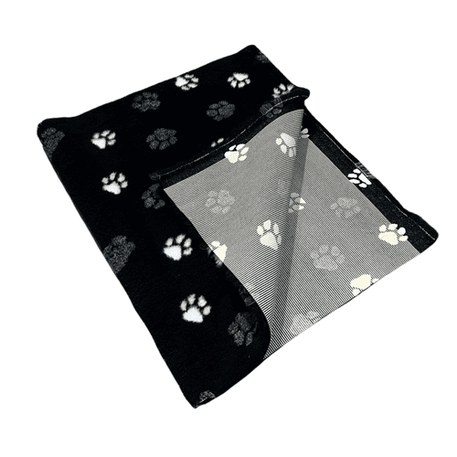 Pawstrading™ Premium Anti-Slip Backed Veterinary Fleece Bedding Dog Bed / Mat Black duo (Black/Paws)
