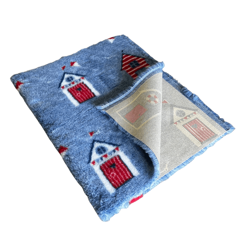 Pawstrading™ Premium BEACH HUT Design Blue Anti-Slip Backed Vet Bedding Fleece Bed